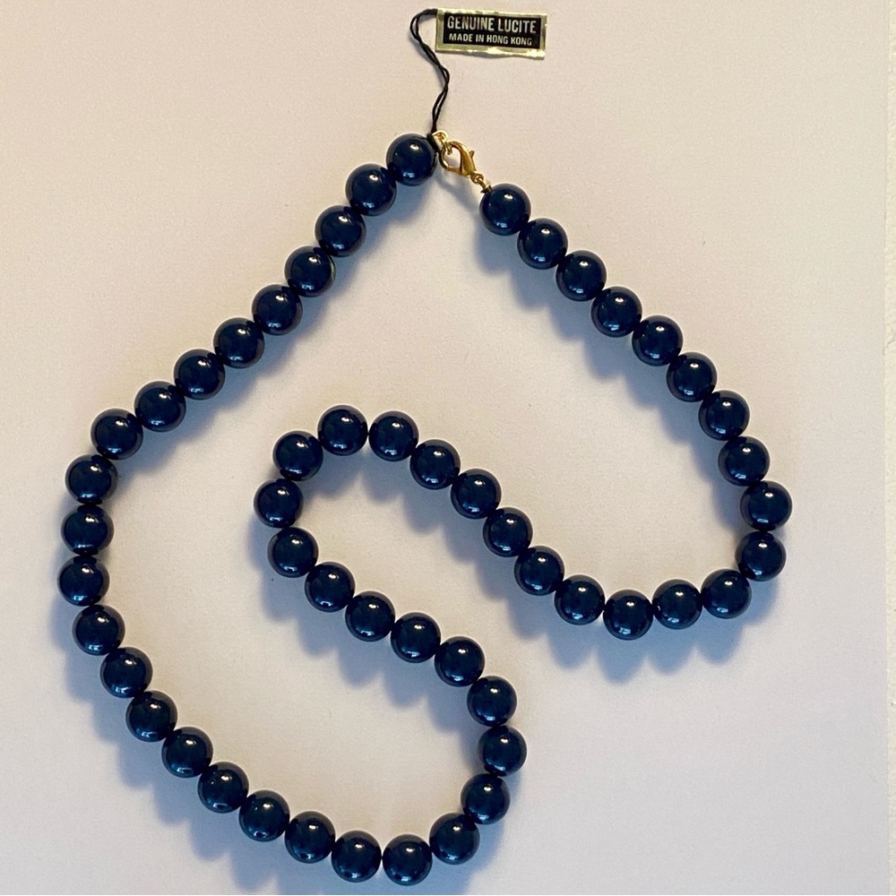 Vintage Blue Lucite Round Bead Necklace – 24" Gold-Tone Clasp (Hong Kong)